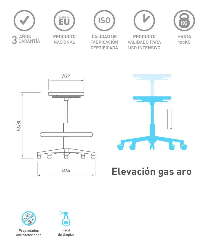 CARACTERISTICAS Taburete alto WK05 base aluminio gas aro de DILE OFFICE - Imagen 2