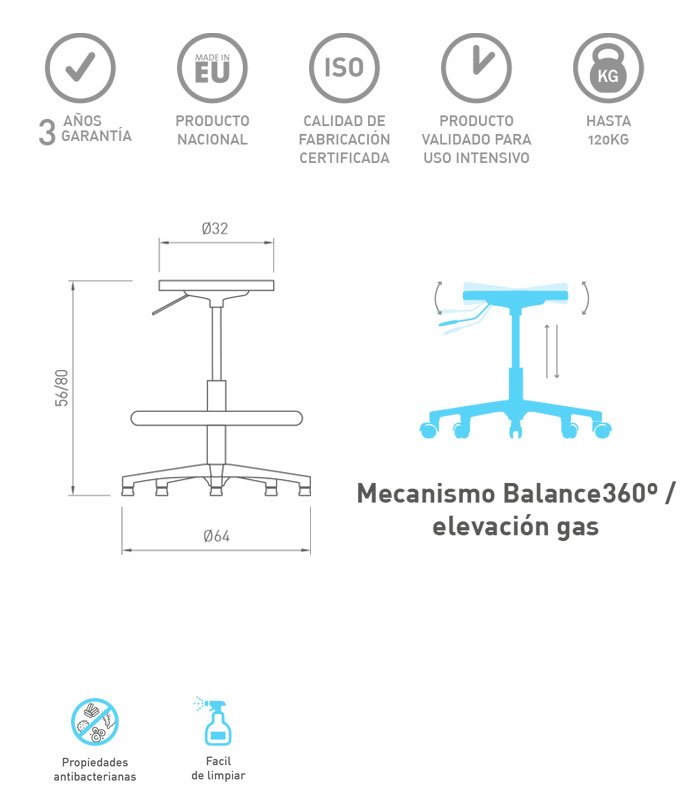 CARACTERISTICAS Taburete alto WK05 base aluminio balance 360 de DILE OFFICE - Imagen 2
