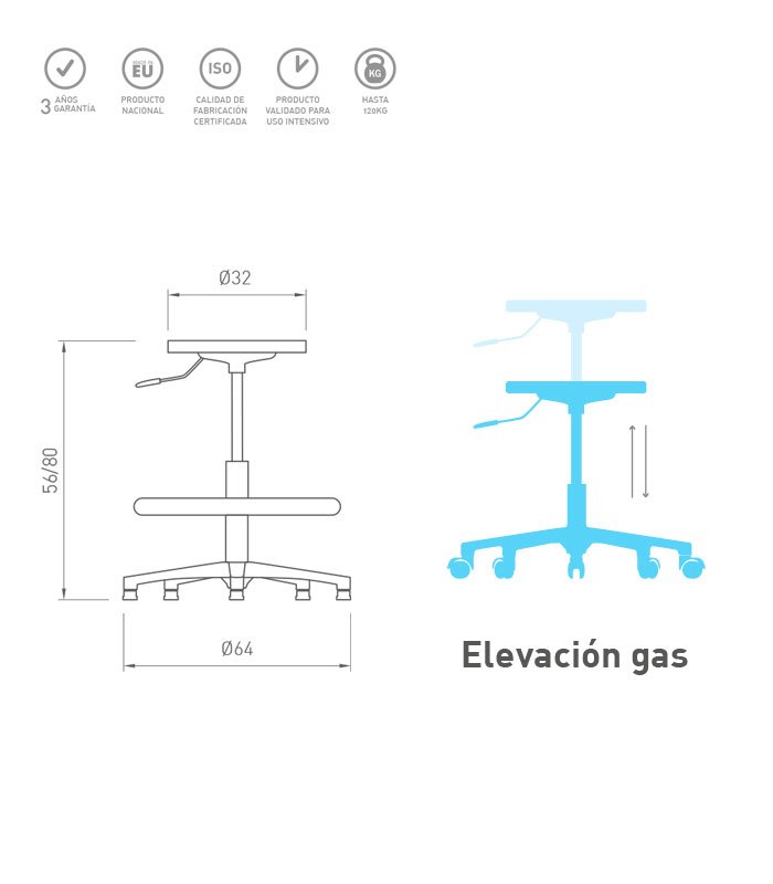 caracteristicas Taburete técnico alto WK05 base aluminio asiento tapizado - Imagen 2